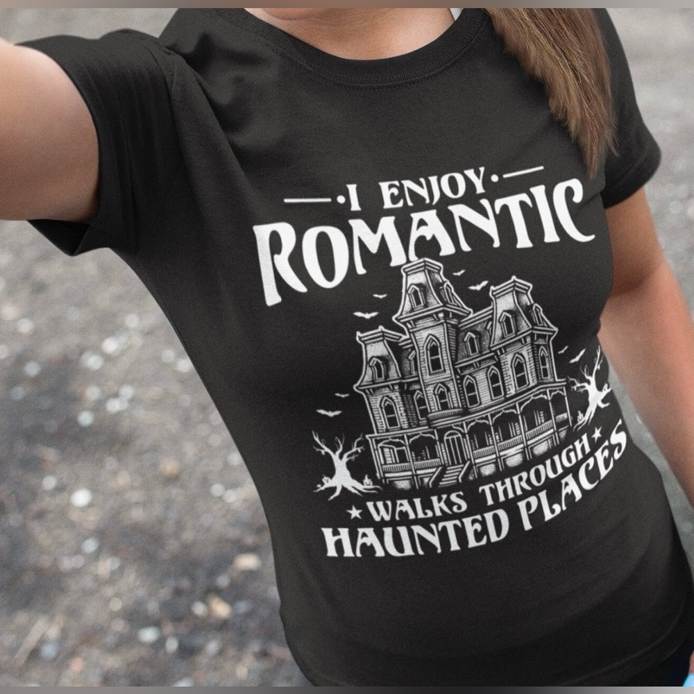 Black Graphic T-Shirt with Haunted House Design